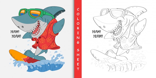 Premium Vector Cartoon Shark Surfing Coloring Sheet