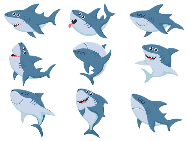サメを漫画します コミックサメの動物 怖い顎と海水泳怒っているサメのイラストセット プレミアムベクター