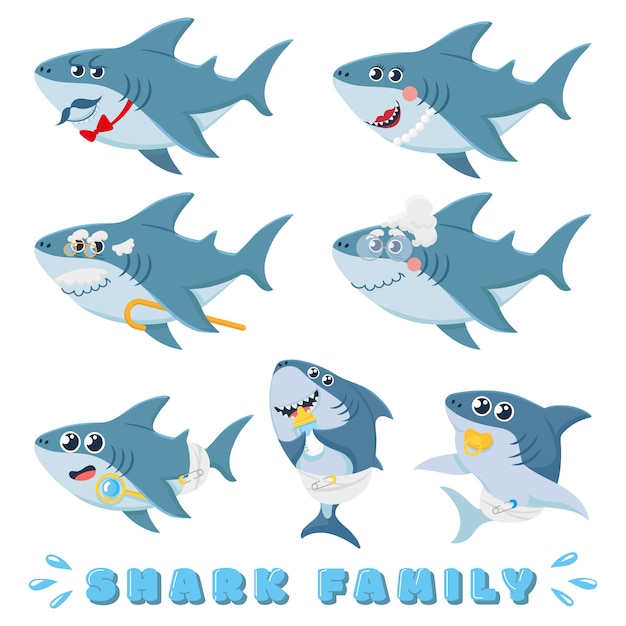 プレミアムベクター 漫画のサメの家族 生まれたばかりの赤ちゃんのサメ 漫画の海洋の父と陽気な母のサメのキャラクターイラストセット