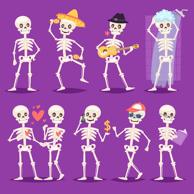 漫画のスケルトンの骨のキャラクターメキシコのミュージシャンまたは頭蓋骨と人間の骨のイラストが素敵なカップルのイラスト死んだ人々の背景のセットのダンスや入浴の死者 プレミアムベクター