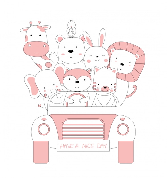 Premium Vector Cartoon Sketch The Cute Baby Animals With The Car Hand Drawn Style