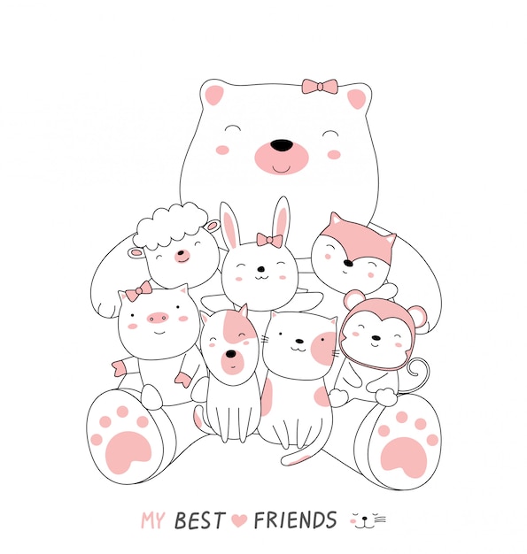 Premium Vector Cartoon Sketch The Cute Bear Baby Animals With Friends