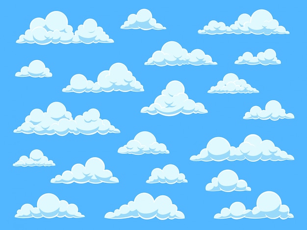 漫画の空の雲 青い空のパノラマのcloudscape 白い雲のさまざまな形 かわいい赤ちゃんの壁紙に設定 プレミアムベクター
