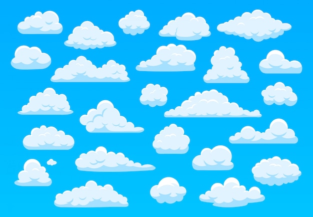 プレミアムベクター 漫画の空の雲 青い空にふわふわの白い雲 明るいcloudscape天気大気のパノラマ 別の形の漫画イラストのかわいい雲 を設定します 曇天 曇り空