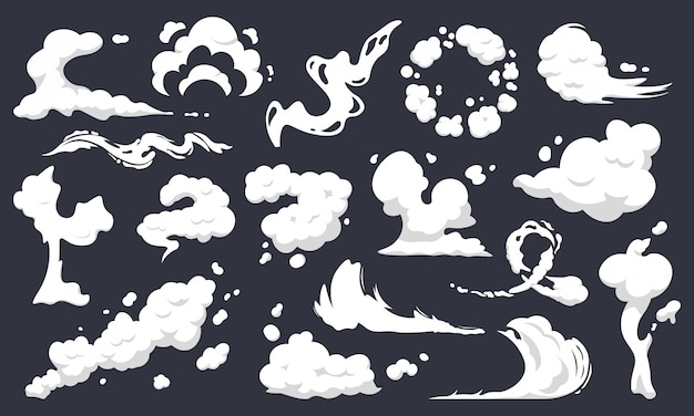 漫画の煙の雲 コミックの煙の流れ ほこり スモッグ 煙の蒸し雲のシルエットイラストセット 風のシルエットの蒸し 煙の爆発 コミッククラウドコレクション プレミアムベクター