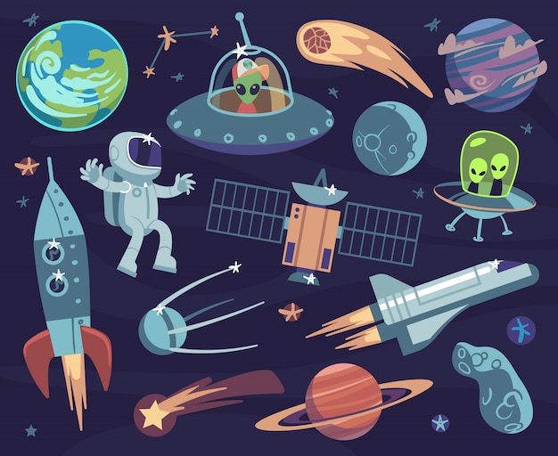 漫画スペースセット かわいい宇宙飛行士とufoエイリアン 衛星惑星と星 隕石と宇宙船の子供の壁紙ベクターコミック落書き小惑星とスプートニク 彗星と幻想的な月のプリント プレミアムベクター