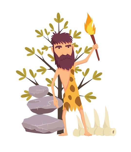 Premium Vector | Cartoon stone age man with torch