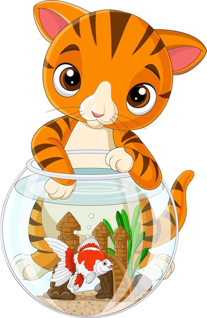 金魚鉢の金魚と漫画の縞模様の猫 プレミアムベクター