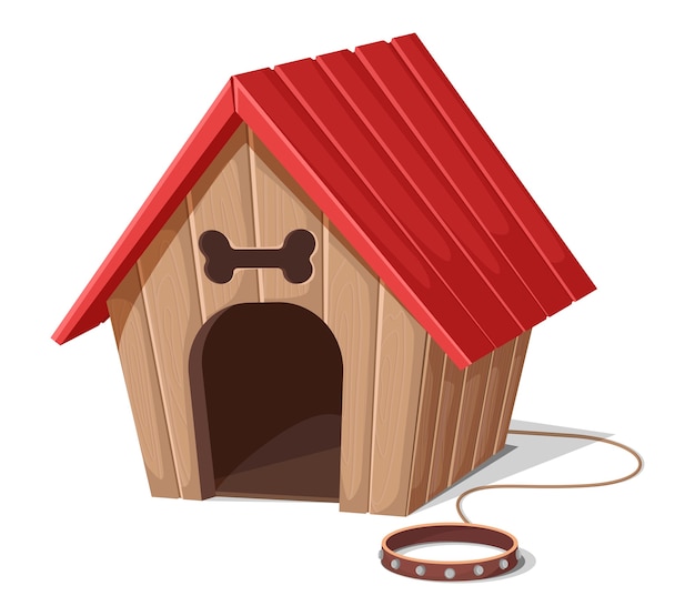 Premium Vector | Cartoon style dog house with rope and red collar