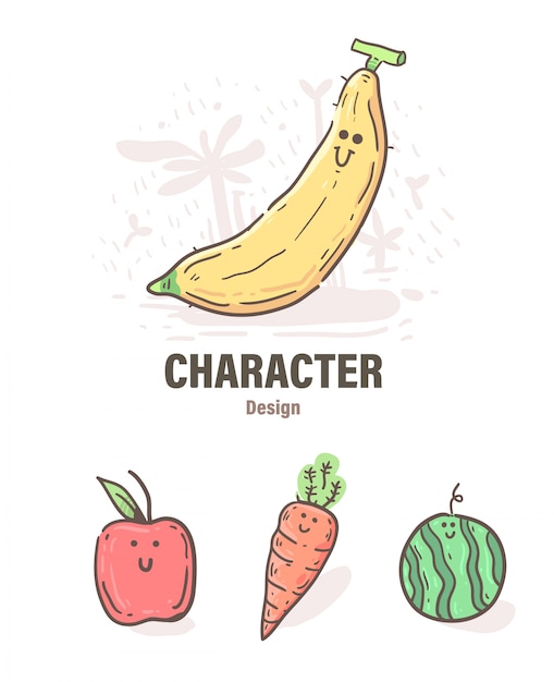 プレミアムベクター 漫画スタイルのフルーツの落書き 果物イラスト