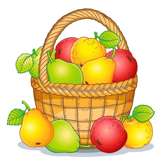 漫画スタイルのイラスト 熟したリンゴと梨をバスケットに収穫します 感謝祭 プレミアムベクター