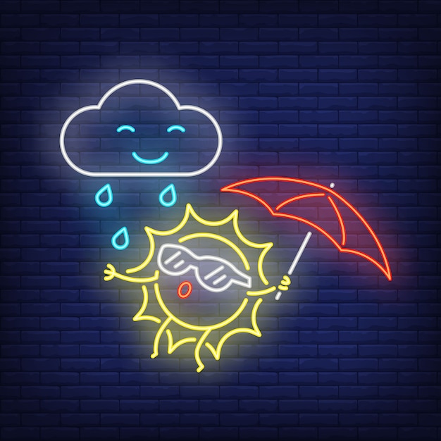 Cartoon sun with umbrella and rain neon sign. cute character on brick wall Free Vector