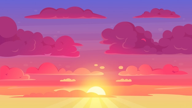 漫画の夕焼け空 グラデーションの紫と黄色の空の雲の風景 夕方の日没の天国のパノラマ背景イラスト 夕焼け空の漫画 太陽シーン日の出 プレミアムベクター