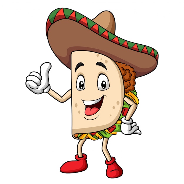 Premium Vector | Cartoon taco wearing a sombrero giving thumb up