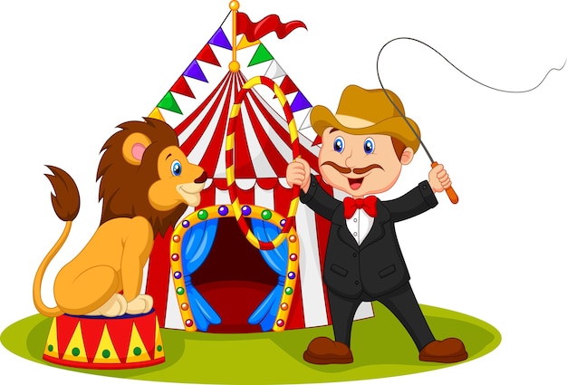 Premium Vector Cartoon Tamer Train A Lion With Circus Background