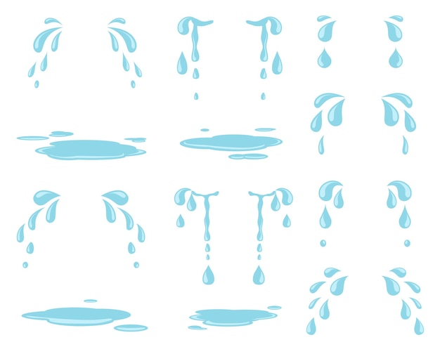 漫画の涙 しぶき 雨滴 自然の小川 しだれ滴と泣き涙 孤立したドリップスウェットとレインドロップセット 雨の叫び水の表現 不幸なうつ病のイラスト プレミアムベクター