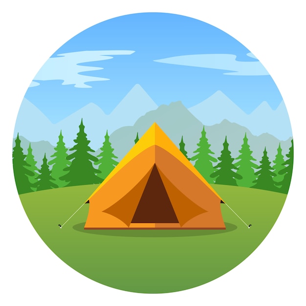 Premium Vector | Cartoon tent in a landscape of mountains icon.