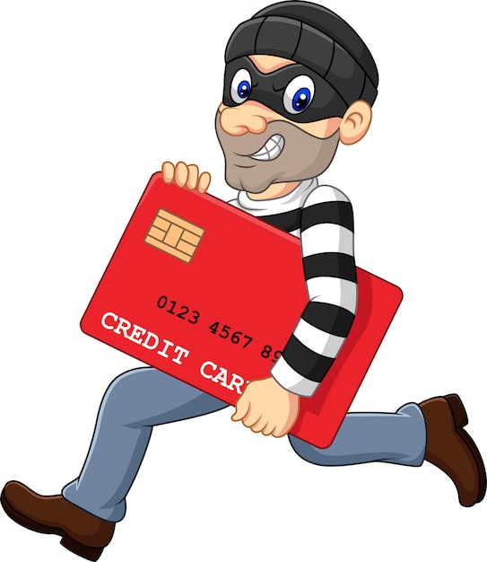 Cartoon thief in a mask stealing a bank credit card and running ...