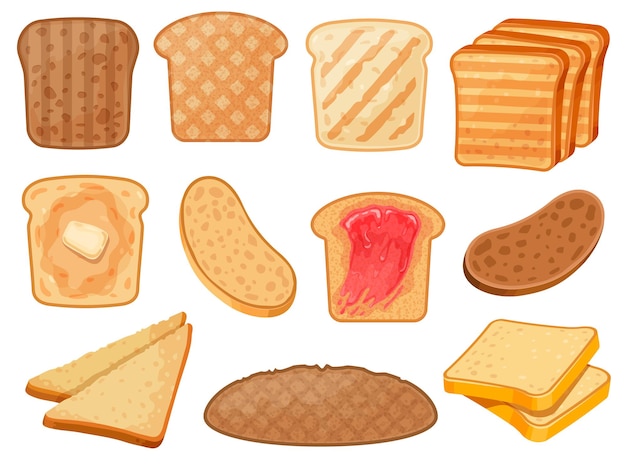 Premium Vector Cartoon Toasts Fresh Toasted Whole Grain And Wheat Bread Slices With Butter And Jam For Breakfast Roasted Sandwich Toast Vector Set Toast Breakfast With Jam Wheat Bread With Butter