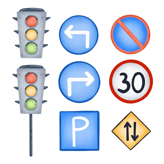 Cartoon Traffic Signs And Traffic Light Set Isolated Premium Vector