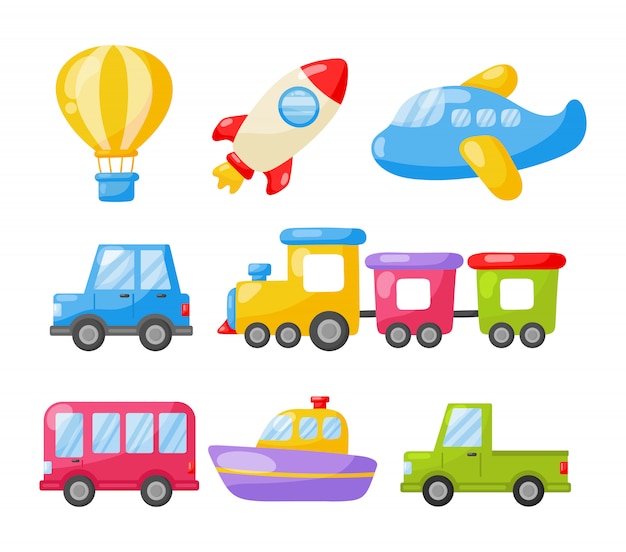 Cartoon transport toys icon set. cars, boat, helicopter, rocket, balloon and plane i Premium Vector