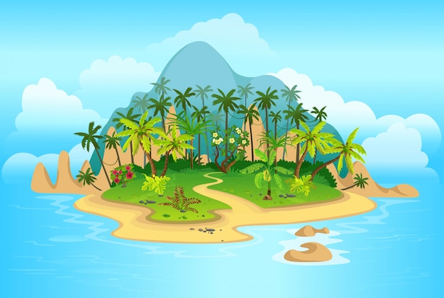 Premium Vector | Cartoon tropical island with palm trees. mountains