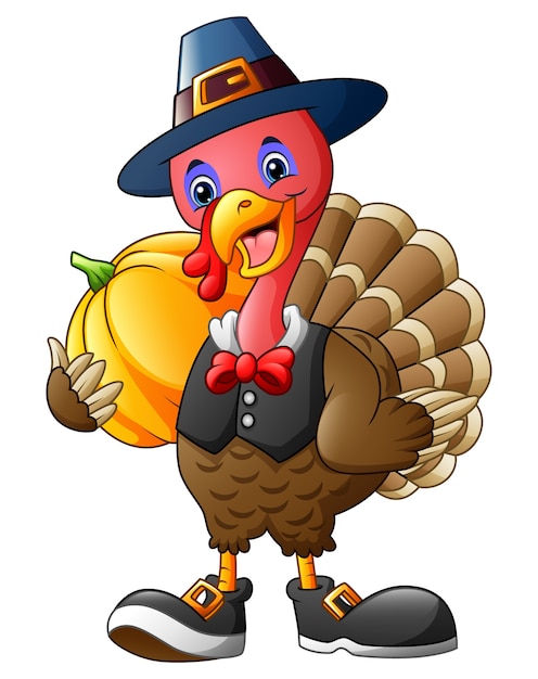 Premium Vector | Cartoon turkey holding pumpkin