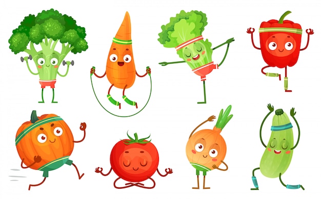 漫画野菜フィットネス 野菜キャラクタートレーニング 健康的なヨガの練習食品とスポーツ野菜イラストセット プレミアムベクター
