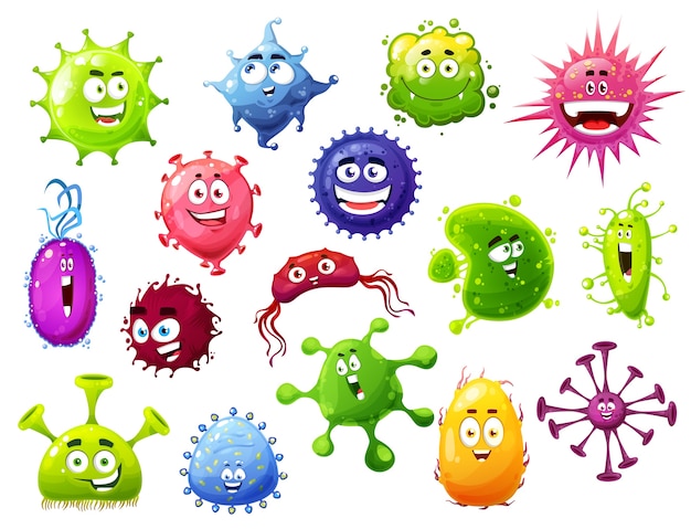 面白い顔をした漫画のウイルス かわいいバクテリア 細菌のキャラクター 大きな目で病原菌微生物モンスターを笑顔 歯と舌でカラフルな細胞 コロナウイルスのアイコンを設定 プレミアムベクター