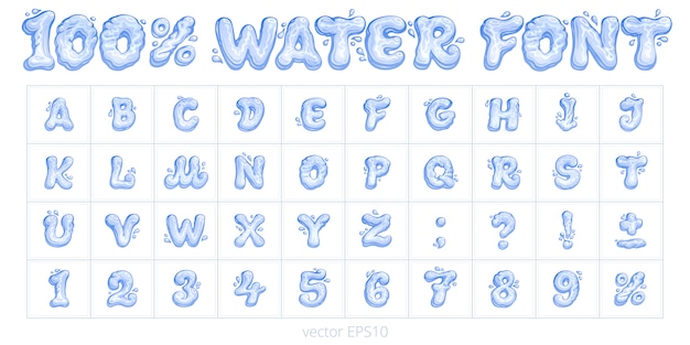 漫画水フォント 文字 数字 句読点 パーセント記号のベクトルを設定します 液体の形の青い文字と数字 ボールペンで描かれた面白い英語のアルファベット手 プレミアムベクター
