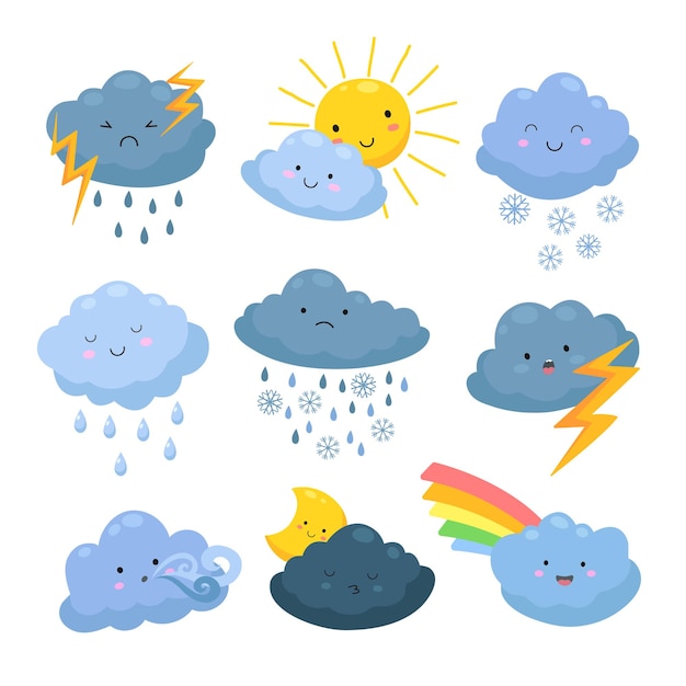 漫画の天気の雲 雨 雪の要素 天の曇りの形 嵐と稲妻 太陽と月 気象予報ベクトルセット イラスト雨と雪 嵐と風 プレミアムベクター