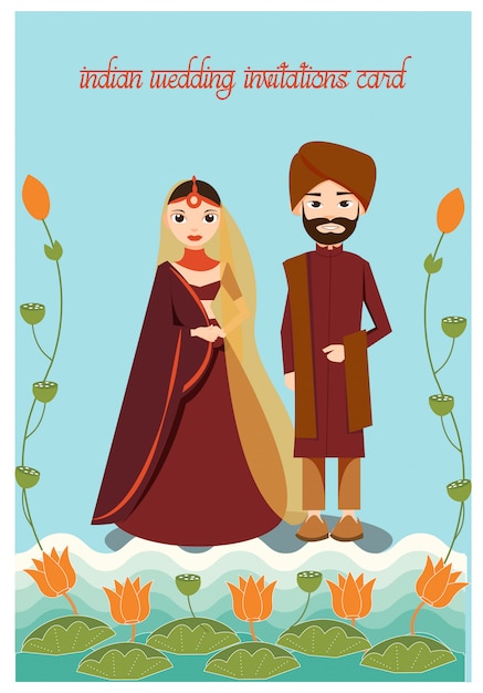 Cartoon of wedding indian couple in traditional dress 