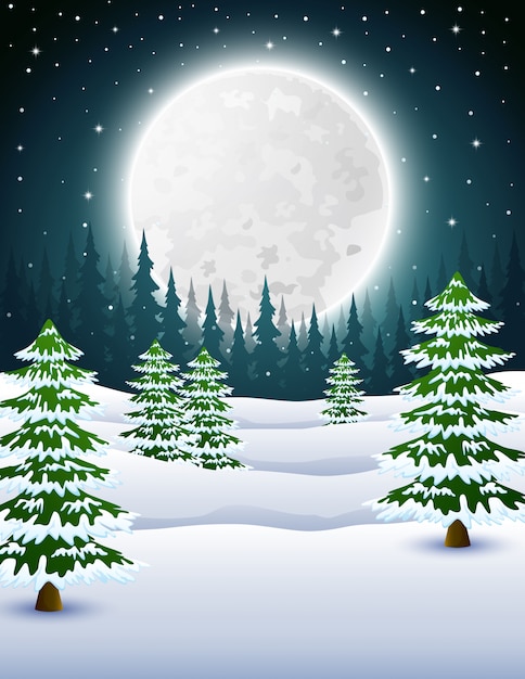 Download Cartoon of winter night background with pine trees at night | Premium Vector