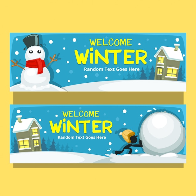 Cartoon winter snow man horizontal banner template | Premium Vector