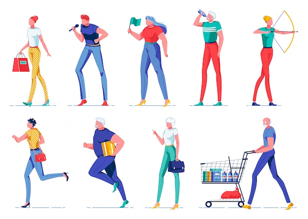 Cartoon woman and man characters with objects. Premium Vector