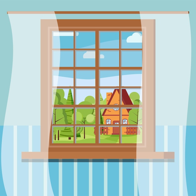 Premium Vector | Cartoon wooden window view in flat style sunny day scene.