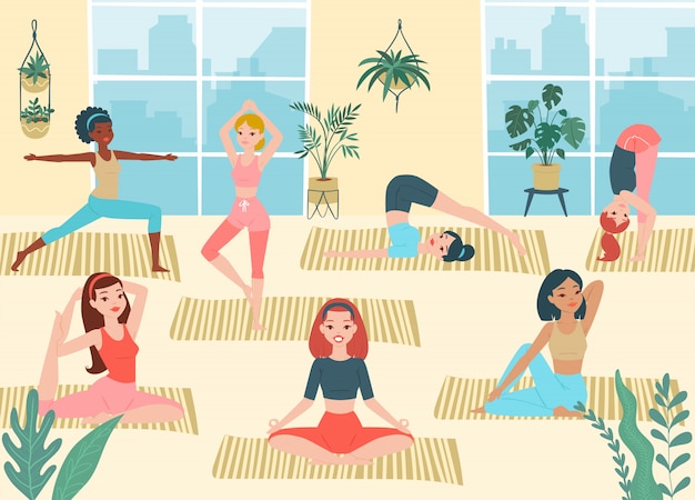 Premium Vector | Cartoon yoga girls, young women exercise asanas poses ...