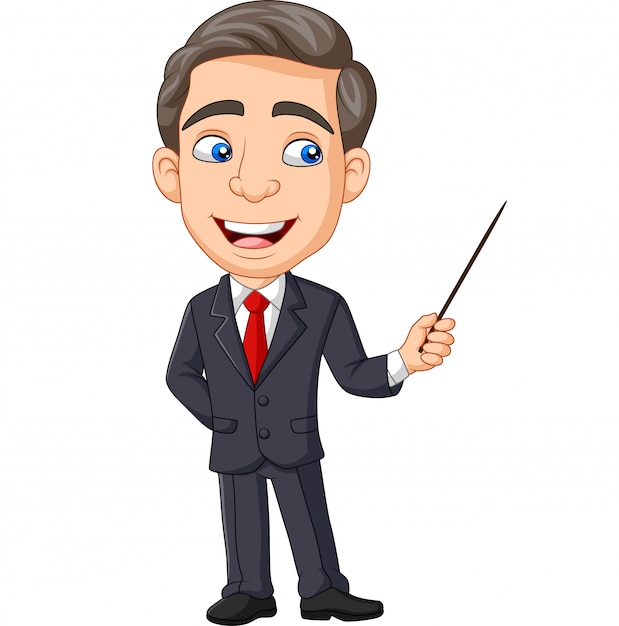 Cartoon young businessman presenting with a pointer Premium Vector
