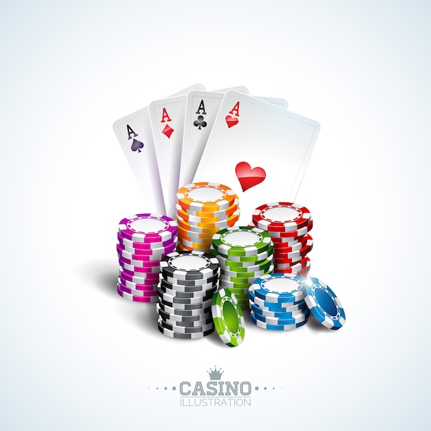 ポーカーカードと遊ぶチップを持つカジノイラスト プレミアムベクター