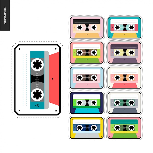 Cassette tapes patches flat set Premium Vector