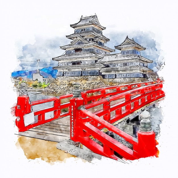 Premium Vector | Castle japan watercolor sketch hand drawn illustration