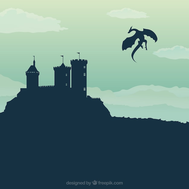 Castle silhouette background with dragon
flying