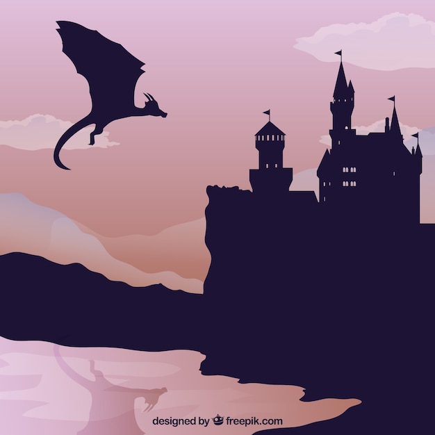 Free Vector Castle Silhouette Background With Dragon Flying