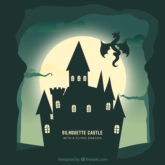 Castle silhouette background with dragon
flying