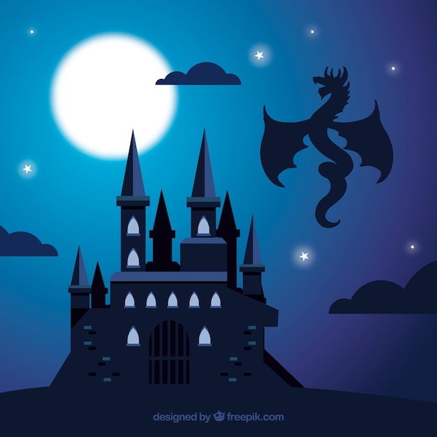 Free Vector Castle Silhouette Background With Dragon Flying