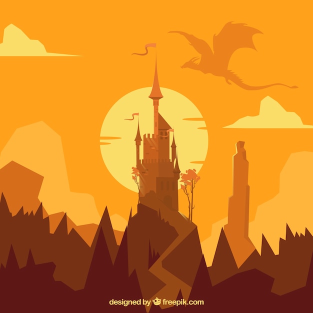 Castle silhouette background with dragon
flying