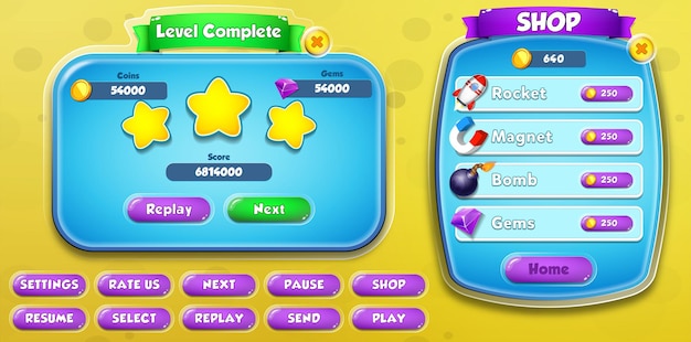 Premium Vector Casual Cartoon Kids Game Ui Level Complete And Shop Menu Pop Up With Buttons And Loading Bar