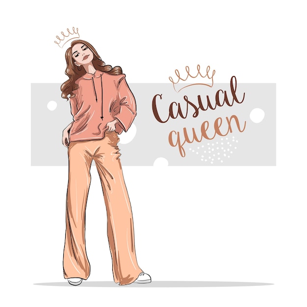 Casual queen girl in hoodie full height illustration Premium Vector