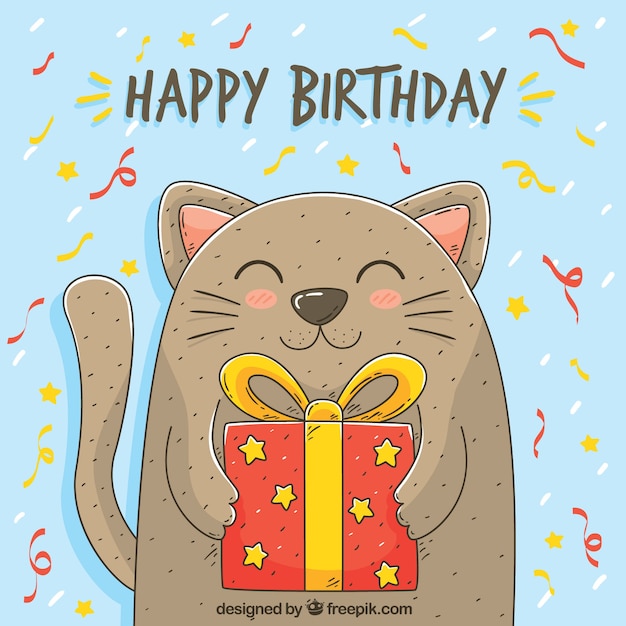 Cat background with hand drawn birthday\
gift