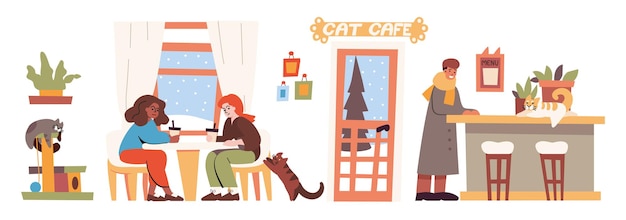 人やペットがいる猫カフェのインテリア カウンター と猫の登山塔 テーブルに座っている女性 男性 植物 窓の後ろの冬の背景に子猫とコーヒーショップのベクトルフラットイラスト 無料のベクター